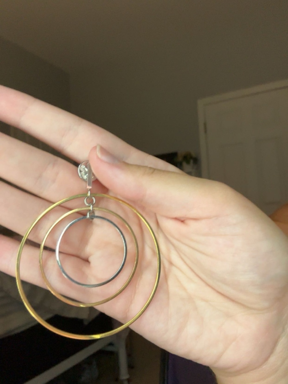 Tory Burch Gold and Silver Triple Hoop Drop Earrings - Picture 2 of 3